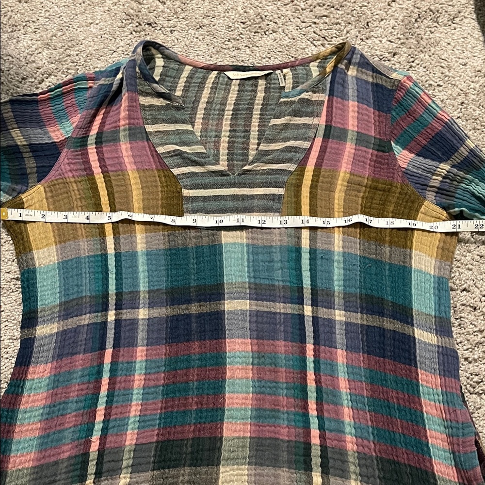 Soft Surroundings Multicolor Gauze Cotton Plaid V-Neck Top Boho Office Casual - Picture 10 of 13
